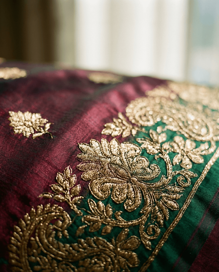 Intricate golden embroidery on luxury Indian textile fabric showcasing traditional craftsmanship